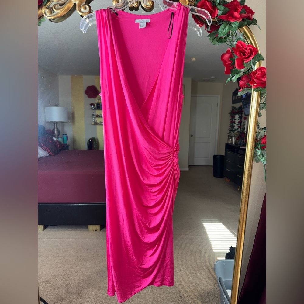 H&M Vibrant Pink Draped Dress super stretchy silky low cut medium size dress